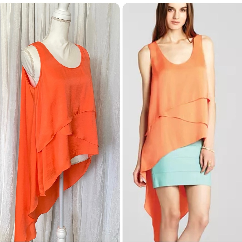 BCBGMAXAZRIA Karlie Tiered Drape high/low Sleeveless Asymmetrical Orange Top S